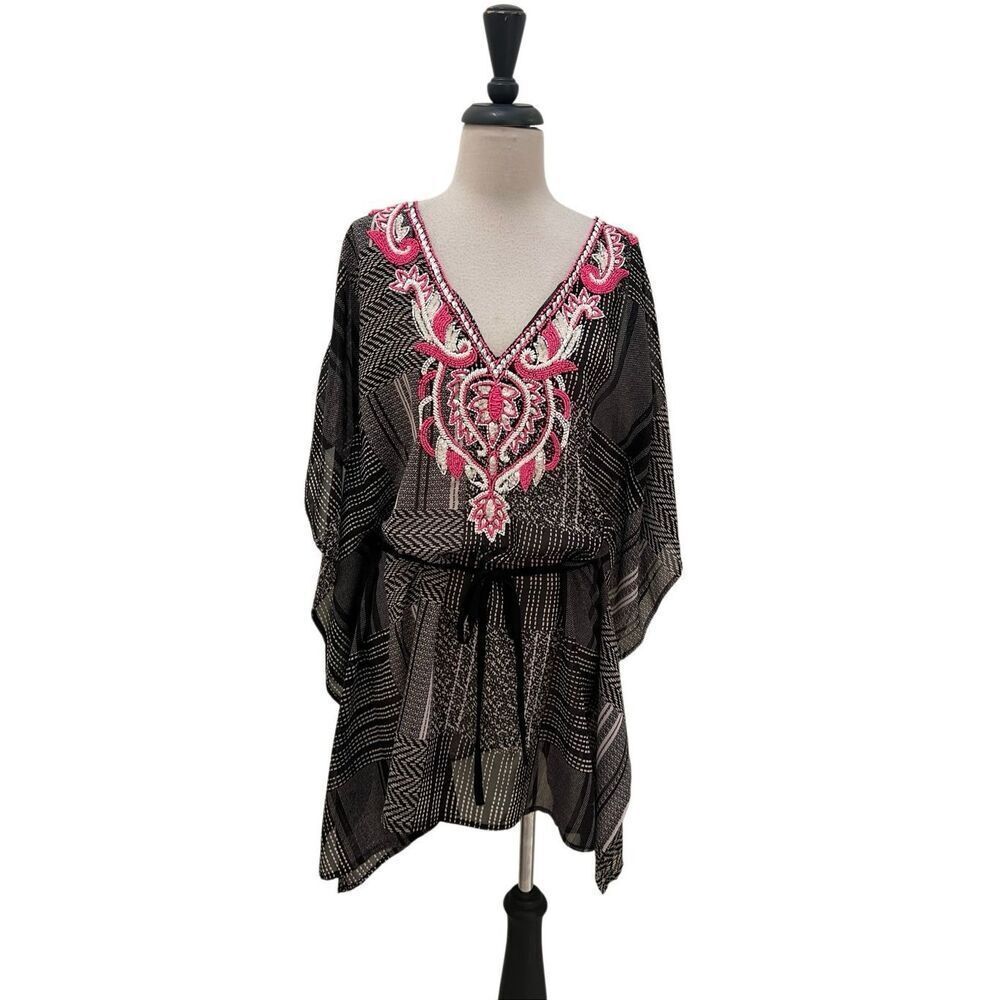 Flint and Moss Beach Women's Embroidered Kaftan Swim Cover Up Black Pink Small